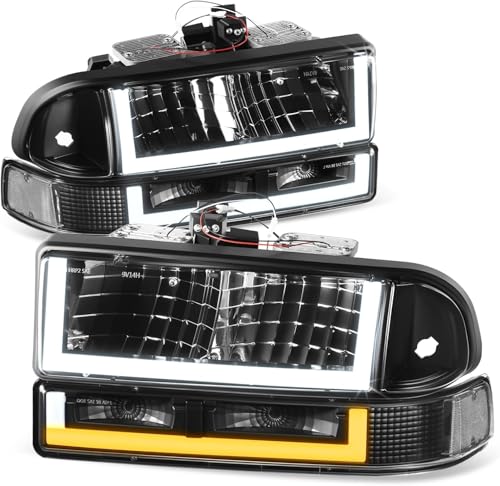 Auto Dynasty 4Pcs Switchback U-LED DRL Headlights Assembly and Bumper Lamps Compatible with Chevy Blazer S10 1998-2004, Driver and Passenger Side, Black Housing Clear Lens - color: Black, size: U-Style LED DRL
