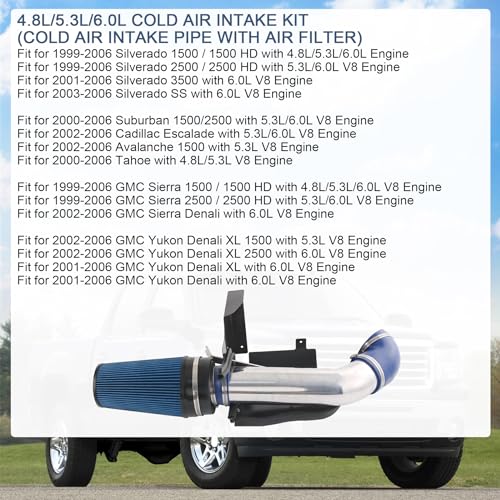 Cold Air Intake Kit Replacement For Silverado 1500 2500 Sierra 1999-2006 - color: Silver & Blue