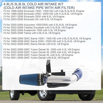 Cold Air Intake Kit Replacement For Silverado 1500 2500 Sierra 1999-2006 - color: Silver & Blue