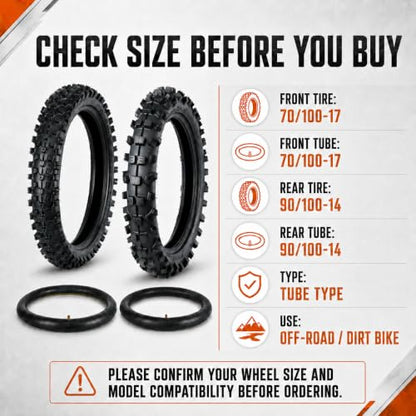 Motocross Tire Set, 70/100-17 Front and 90/100-14 Rear, 2 Tires with 2 Inner Tubes for Electric Dirt Bikes