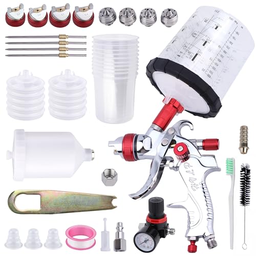 HVLP Spray Gun Kit, 4 Nozzles & 10 Disposable Paint Cups for Auto - color: RED