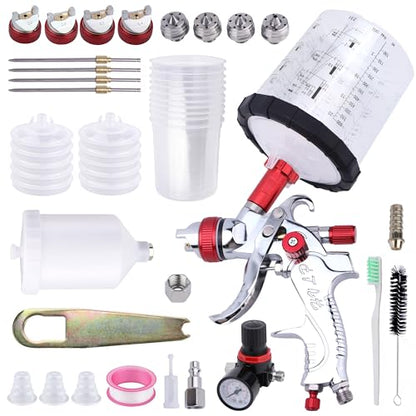 HVLP Spray Gun Kit, 4 Nozzles & 10 Disposable Paint Cups for Auto - color: RED