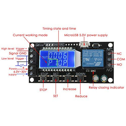 DROK Time Delay Relay, DC 5V/12V/24V Timer Relay Delay-Off Cycle 0.01s-9999mins Adjustable Trigger with LCD Display Support Micro USB 5V Input - color: Black, size: 1pcs