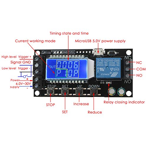 DROK Time Delay Relay, DC 5V/12V/24V Timer Relay Delay-Off Cycle 0.01s-9999mins Adjustable Trigger with LCD Display Support Micro USB 5V Input - color: Black, size: 1pcs