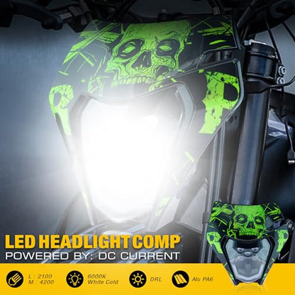 Dirt Bike Led Headlight Motorcycle 2020-2022 Enduro Headlight Kit for EXC EXCF SX SXF XC XCF XCW XCFW (Black-Green Skull) - color: Black-Green Skull
