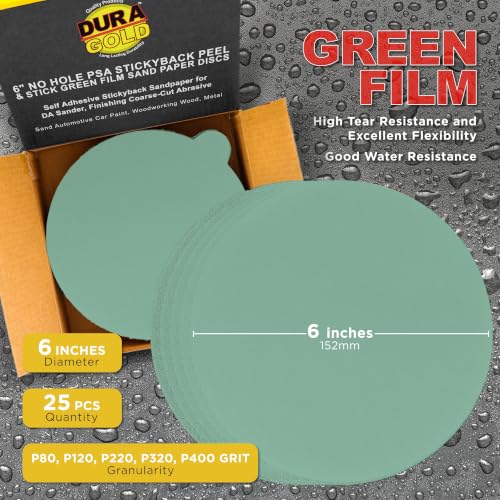 Dura-Gold 6" Green Film PSA Sanding Discs, Grits 80, 120, 220, 320, 400 - size: Variety Pack - 80, 120, 220, 320, 400-Grit