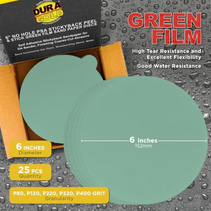 Dura-Gold 6" Green Film PSA Sanding Discs, Grits 80, 120, 220, 320, 400 - size: Variety Pack - 80, 120, 220, 320, 400-Grit