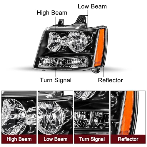 JSBOYAT Headlight with Bulbs Fit 2007-2014 Chevy Tahoe Suburban Avalanche - color: Black Housing with Amber Reflector, size: w/ 9005&H11 Bulbs