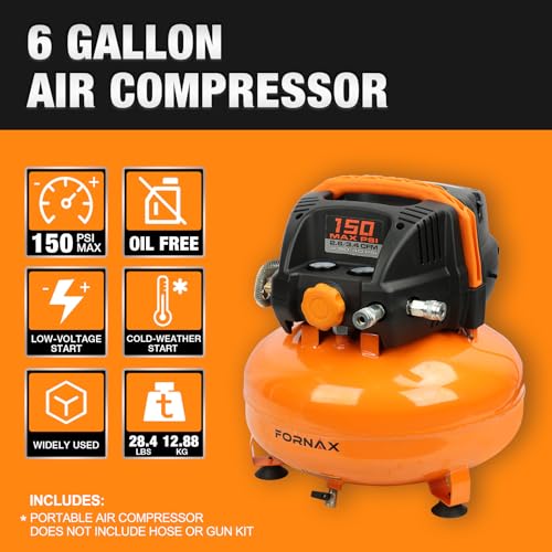 FORNAX Pancake Air Compressor with two couplers, 6 Gallon Portable Electric air compressor, 150 PSI, Oil -Free with 14 PCS Air Compressor Accessories Kit (Kits) - style: Kits