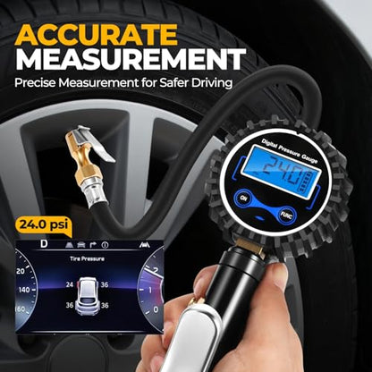 Auto Dynasty Digital Tire Inflator with Pressure Gauge, 200 PSI Air Chuck and Air Compressor Attachments, Heavy Duty Compressor Accessories with Rubber Hose and Quick Connect Coupler