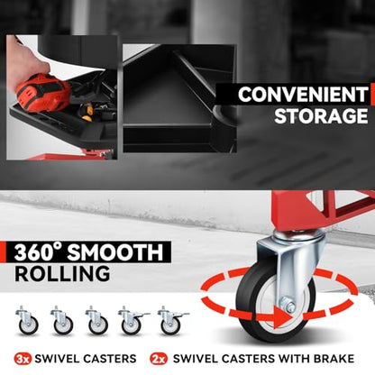 Auto Dynasty Rolling Mechanic Stool, Height Adjustable w/Tool Tray, Red - color: Red (w/Tool Storage Tray)