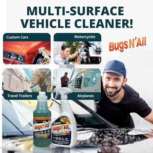 Bugs N’ All Multipurpose Car Cleaner & Degreaser - Bug & Tar Remover Concentrate 32 oz - Exterior Cleaner Safe for Car Paint, Metal, Chrome, Aluminum, Windows & Mirrors - w/Free 32 oz Spray Bottle - style: Multi-Surface Car Cleaner 32 oz