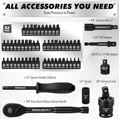 105-Piece 3/8" Drive Impact Socket Set, SAE (5/16 to 3/4 inch) and Metric (8-22mm) 6 Point CR-V Steel Socket Wrench Set, Extension Bars, Universal Joint, Ratchet Handle, Screwdriver Bit Mechanic Tool - style: 3/8'' 105PCS
