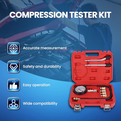 MOCA 8 PCS Compression Tester Kit Petrol Gas Engine Cylinder Pressure Gauge of 0-300 Psi, with Portable Storage Case, Automotive Tool for Motorcycle Car Truck, M10 M12 M14 M18(Red) - color: Red