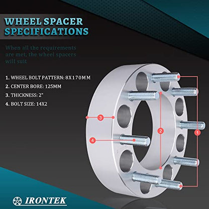 IRONTEK 2" 8x170mm Wheel Spacers [M14x2 STUDS, 8x170 to 8x170, 125mm Hub Bore] 8x6.63in Hubcentric Spacers For Ford 99-16 F-250/F-350/F-250 Super Duty/F-250 Super Duty, 00-02 Excursion Wheel Extenders - size: 8x6.63in-2in