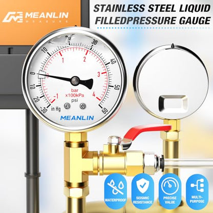 MEANLIN MEASURE -30inHG~60Psi Stainless Steel 1/4" NPT 2.5" FACE DIAL Vacuum Pressure Gauge, Lower Mount, with 1/2" NPT and 3/8" NPT Hex Bushing - size: -30inHG-60Psi
