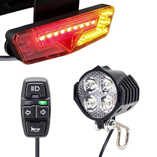 EBike Turn Signals Light Kit, Front Headlight 400 Lumens, Rear Taillight 80mm Hole Spacing (Mounting Bracket to Fit 50mm Rack Holes), Handlebar Control Switch, for E-Bike and Electric Scooter 12V-48V