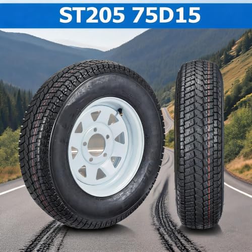 MAXSA ST205/75D15 2-Pack Trailer Tires with White Steel Rims, 6 Ply Load Range C, 5 Lug Bias Heavy Duty Trailer Wheel, All-Weather Pre-Mounted Tire for Utility Boat Camper Cargo Trailers