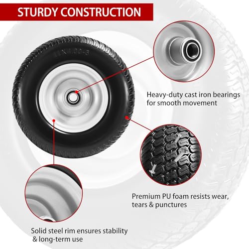 (2-Pack) 11x4.00-5 Flat-Free Lawn Mower Tires and Wheels, 3.4" Centered Hub, 3/4" & 5/8" & 1/2" Bushings, Zero Turn Front Replacement - size: 11x4-5 Flat Free Tire(Silver Rim)