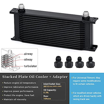 16 Row 10AN Transmission Oil Cooler Stacked Plate with 6AN 8AN Adapter Universal Aluminium Alloy Engine Oil Cooler Black - size: 16row