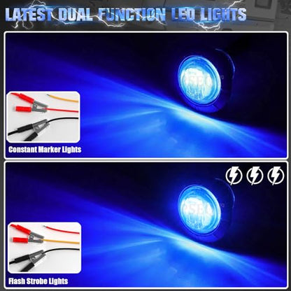 PSEQT 20Pcs 3/4" Strobe Flash+Steady Marker Lights Dual Function Blue LED Trailer Side Clearance Tail Round Lights 12V Bumper Grille Warning Waterproof Lamp for Trailer Truck Bus ATV UTV Van RV - color: Blue