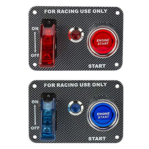 DC12V Racing Car Ignition Switch Panel Carbon Fiber Rocking Switch+Engine Start Push Button with Red Indicator Light (Red) - color: Red