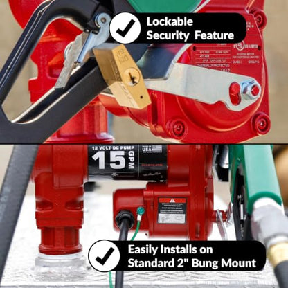 Fill-Rite FR1220HDSQ 12V 15 GPM Fuel Transfer Pump with Discharge Hose, Automatic Nozzle – Green, & Swivel | Gasoline, Diesel, Kerosene, Ethanol Blends, Methanol Blends, & Biodiesel - style: Auto Nozzle & Swivel