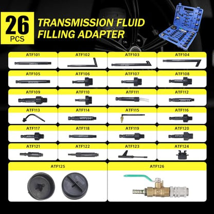 26 PCS Transmission Fluid Filling Adapter, Automatic Fluid Oil ATF Filler Adaptor Set Compatible with Ford, VW, Audi, BMW, Benz, Porsche, Skoda, Nissan, Honda Etc.