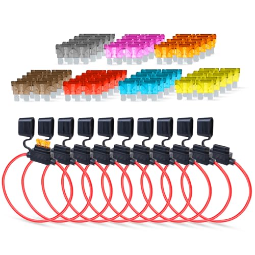 Pack of 10 Inline Fuse Holder 16AWG 1FT – Heavy Duty Automotive Blade Fuse Holder 2A/3A/5A/7.5A/10A/15A/20A Ideal for Car, Marine, Solar, and RV Applications (70 Fuses in Set) - size: 16AWG (10 Pcs)