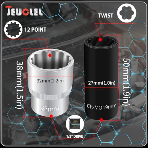 1/2" Dr 12Pt 23mm Spline Socket & 19mm Twist Lug Nut Socket for BMW