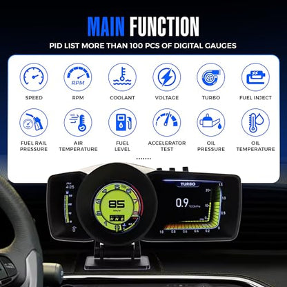 Heads Up Display for Cars – All in One HUD Dashboard Windshield Mount Car Display Screen with 100+ Digital Gauges Includes Temperature, Digital Speedometer, RPM Meter, Fuel, Plug and Play Display