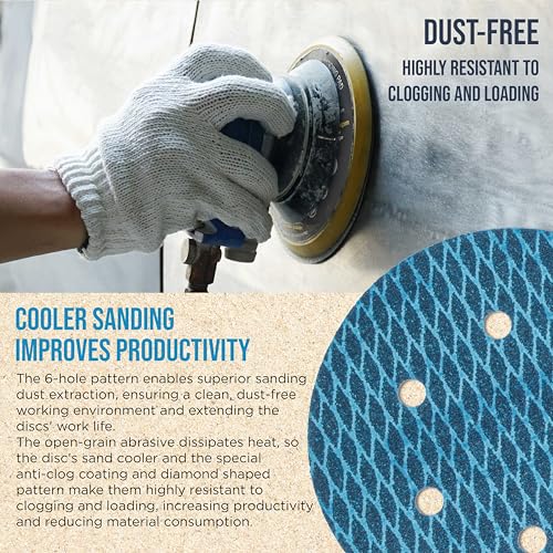 ProductionShop Premium 220 Grit 6" Rhombus Diamond Shape Blue Sanding Discs, 6-Hole, Box of 50 - Hook & Loop Anti-Clogging J-Cloth Dustless Sandpaper for Random Orbital Sanders, Sand Auto Paint, Wood - style: 220 Grit