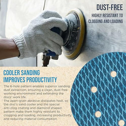 ProductionShop Premium 220 Grit 6" Rhombus Diamond Shape Blue Sanding Discs, 6-Hole, Box of 50 - Hook & Loop Anti-Clogging J-Cloth Dustless Sandpaper for Random Orbital Sanders, Sand Auto Paint, Wood - style: 220 Grit