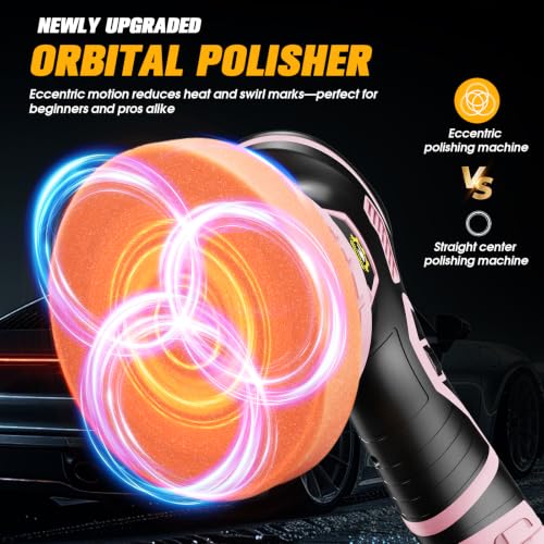 Cordless Car Buffer Polisher kit, DA Polisher with 2*21V Batteries - color: Pink
