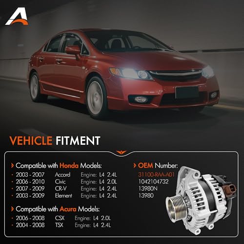 Alternator for Honda Accord, Civic, CR-V, Element & Acura CSX, TSX - size: 31100-RAA-A01