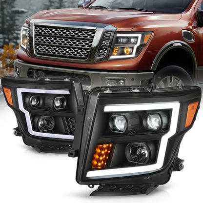 Auto Dynasty LED DRL Headlights Assembly for 2016-2024 Nissan Titan (XD) - color: Black / Amber, size: C-Style LED DRL / LED Low Beam