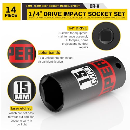 14 Piece 1/4" Drive Impact Socket Set, 4 mm - 15 mm Deep Socket, Metric, 6 Point, CR-V, Auto Repair Bicycle Maintenance and Furniture Assembly - size: 1/4" Deep Metric