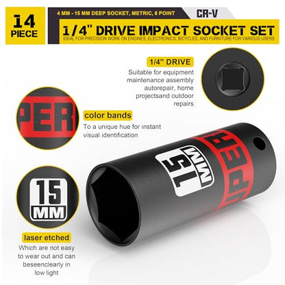 14 Piece 1/4" Drive Impact Socket Set, 4 mm - 15 mm Deep Socket, Metric, 6 Point, CR-V, Auto Repair Bicycle Maintenance and Furniture Assembly - size: 1/4" Deep Metric