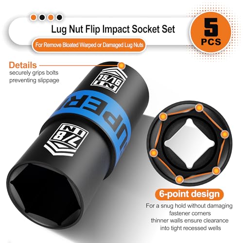 1/2" Drive Lug Nut Impact Socket Set, 5 Pcs Impact Sockets, Flip Socket Set, Thin Wall Nut Sockets with 3" Extension Bar, Remove Bloated Warped, Damaged Lug Nuts - size: 5PCS Metric&SAE