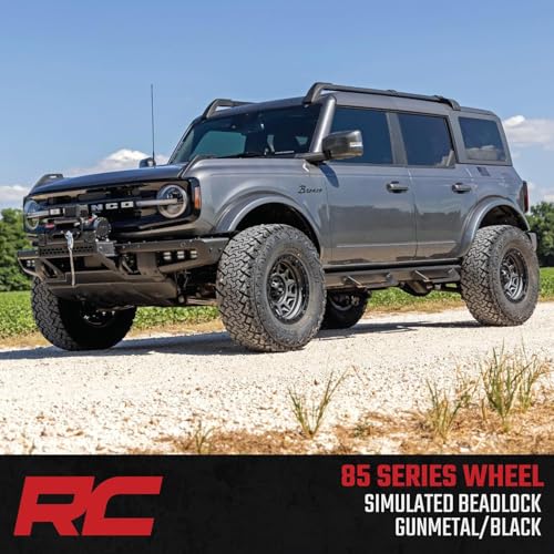 Rough Country 85 Series 17x9 Wheel - 5x4.5" Bolt Pattern, 12mm Offset, Gunmetal Gray with Black Simulated Beadlock, One-Piece Aluminum Off-Road Wheel