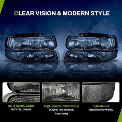 AUTOSAVER88 Headlight Assembly Compatible with 99-02 Silverado 1500/2500 - color: OE - Chrome/Clear/Smoke