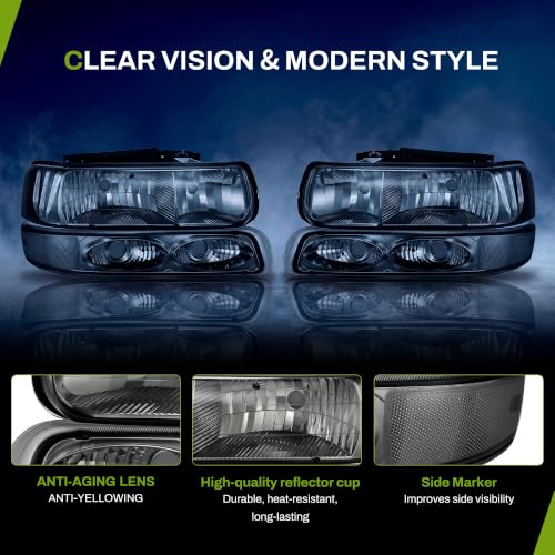 AUTOSAVER88 Headlight Assembly Compatible with 99-02 Silverado 1500/2500 - color: OE - Chrome/Clear/Smoke