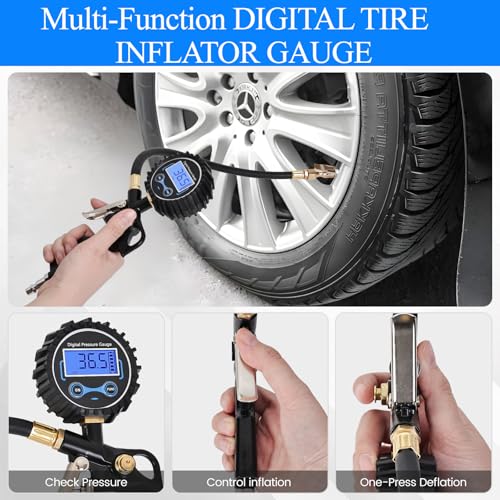 Digital Tire Pressure Gauge with Inflator 250 PSI, Heavy Duty 360° Air Chuck Air Compressor Attachments, Improved Leaks Protection & Extended Hose Tire Gauge, 0.1 Display Resolution, with Storage Box