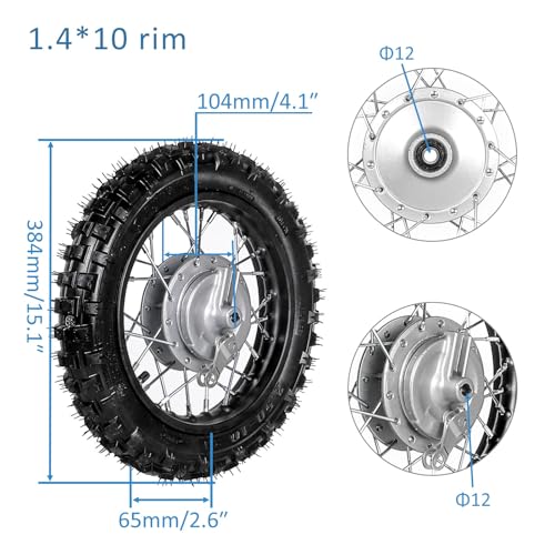 Front & Rear 2.5-10 Wheels Tires 10'' Rim 1.4x10 w/12mm Bearing Drum Brake Wheel Assembly with 420-37T Sprocket Cog for CRF50 XR50 TTR50 Dirt Pit Pro Trail Bike 50cc 70cc 90cc 110cc