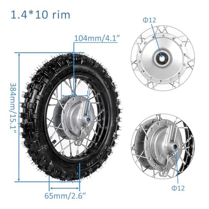 Front & Rear 2.5-10 Wheels Tires 10'' Rim 1.4x10 w/12mm Bearing Drum Brake Wheel Assembly with 420-37T Sprocket Cog for CRF50 XR50 TTR50 Dirt Pit Pro Trail Bike 50cc 70cc 90cc 110cc