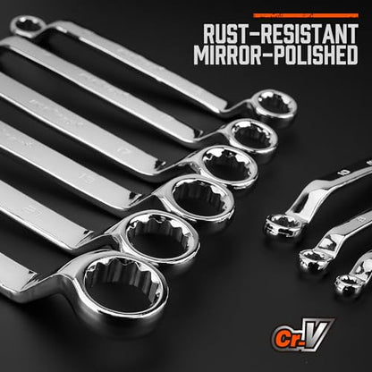 HORUSDY 9-Pieces Metric Offset Box Wrench Set with Rolling Pouch, 50-Degree, Metric 6-24mm, CR-V Steel - style: 9pcs Metric Offset Box Wrench Set