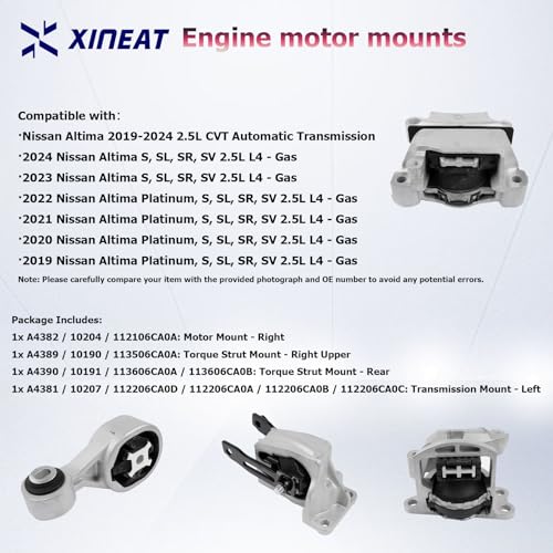 Engine Mount Fit for 2019 2020 2021 2022 2023 Altima 2.5L L4 Replace A4382 11210-6CA0A A4389 11350-6CA0A A4381 11220-6CA0A A4390 11360-6CA0A 4pcs XINEAT - size: 2019-2023 Altima 2.5L L4
