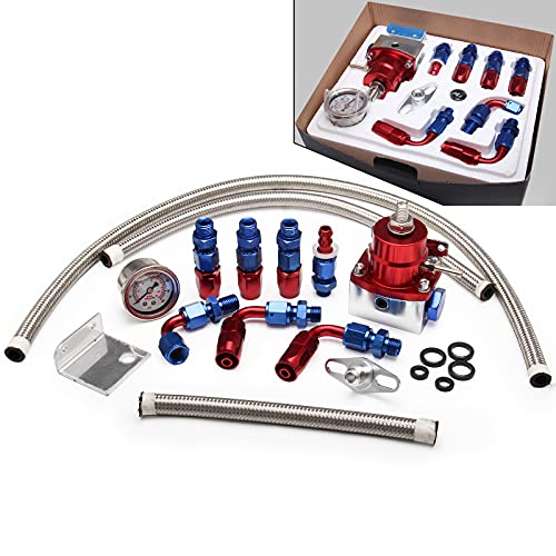 Aluminum Adjustable Universal EFI Fuel Pressure Regulator Kit 30-70psi with Gauge 6AN Fuel Line Hose Fitting Connectors Kit Blue&Red HTRACING - color: Blue&Red