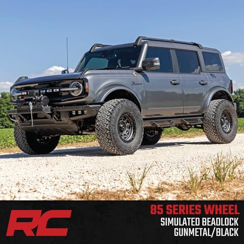 Rough Country 85 Series 17x9 Wheel - 5x5.5" Bolt Pattern, 0mm Offset, Gunmetal Gray with Black Simulated Beadlock, One-Piece Aluminum Off-Road Wheel