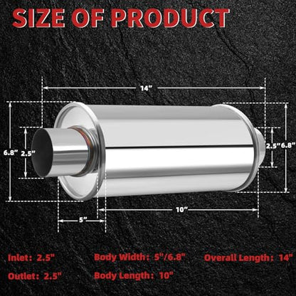 LCGP 2.5 inch Ultra Quiet Resonator, 304 Stainless Steel Resonator 2.5", 2.5'' Inlet & Outlet 14" Overall Length Universal Muffler High Performance resonator, Oval Muffler Shape, Silver - size: 2.5"